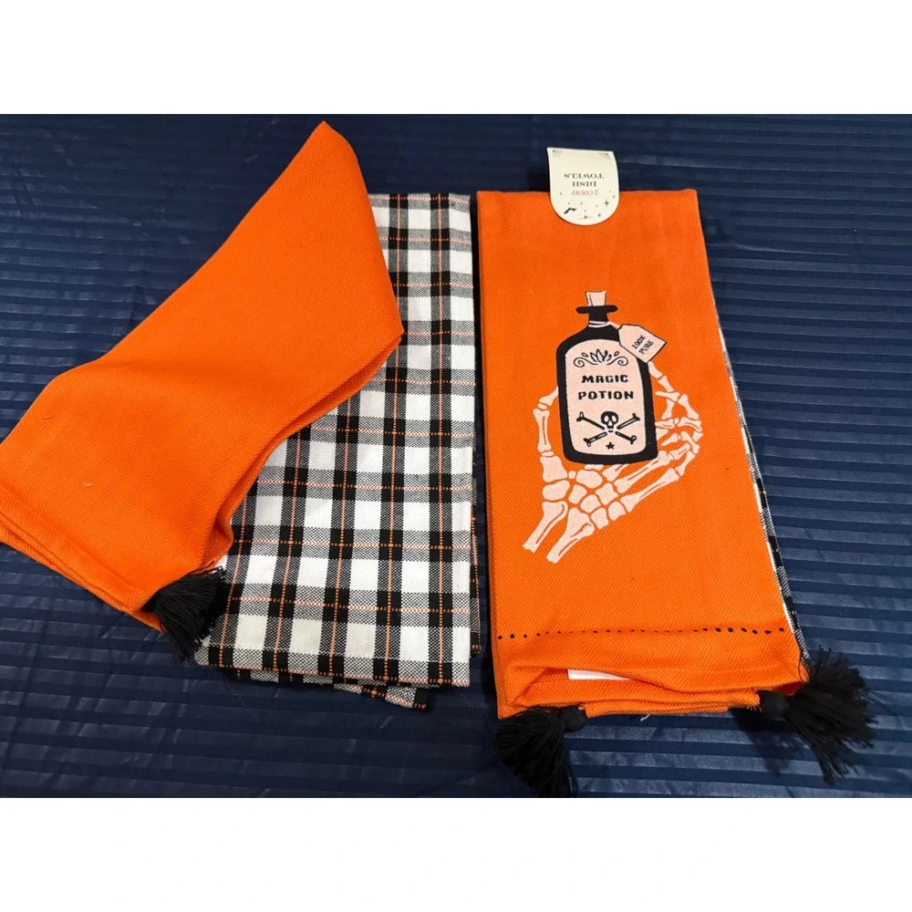 Halloween Dish Towels 2 Count Orange Magic Potion Skeleton Hand Plaid Tassels
